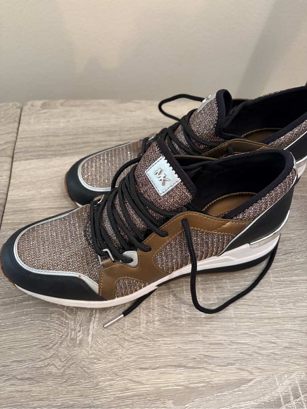 Michael Kors Brown Metallic Knit and Black Lace-Up Sneakers